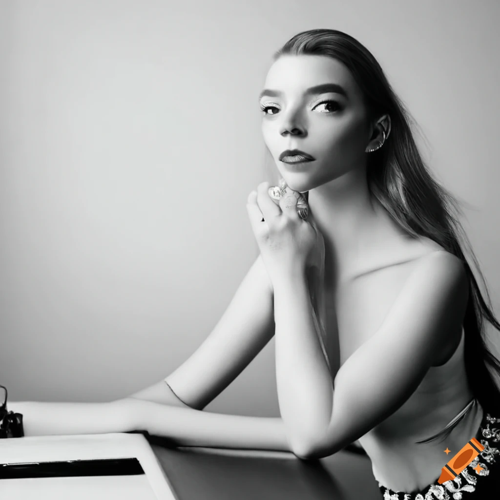 Anya Taylor-Joy in an elegant blouse sitting at her desk