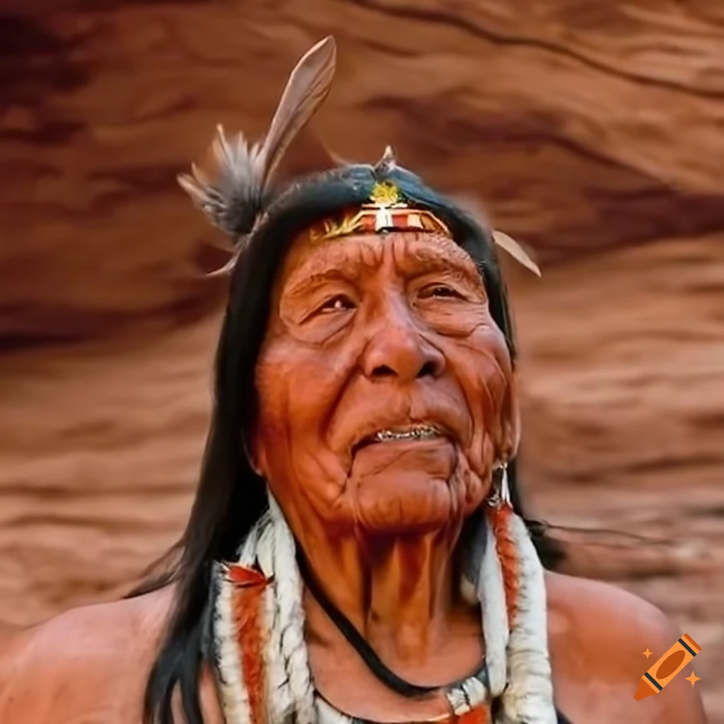 Navajo medicine man with feathered singing by desert rock on Craiyon