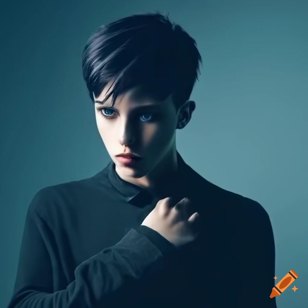 Stylish young man with black hair and deep blue eyes on Craiyon