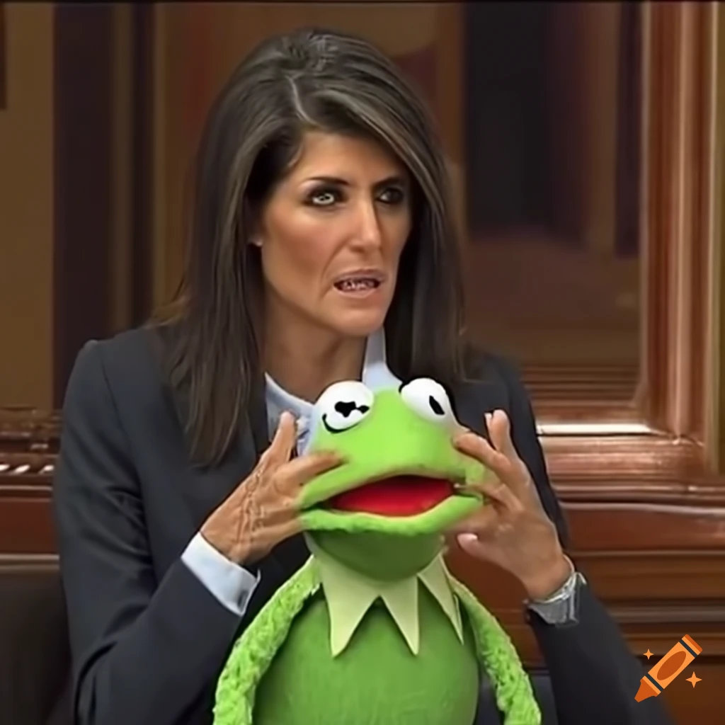 Kermit choking on alphabet soup with nikki haley nearby on Craiyon