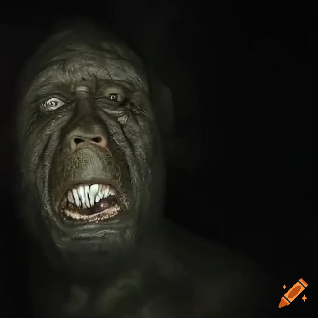 Uncanny trail camera photo of a bigfoot face at nighttime
