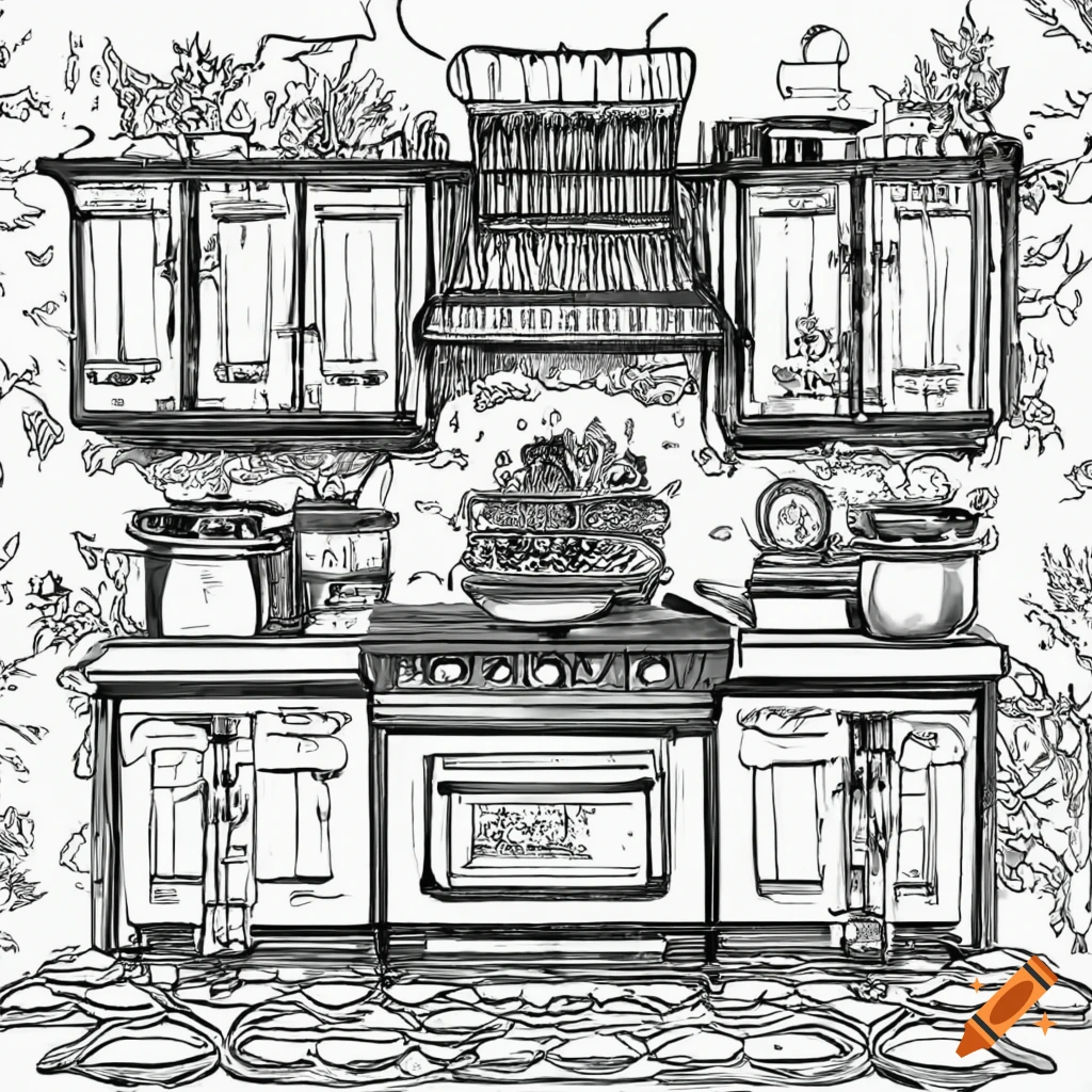 Old country farmhouse kitchen black and white outline art for coloring book