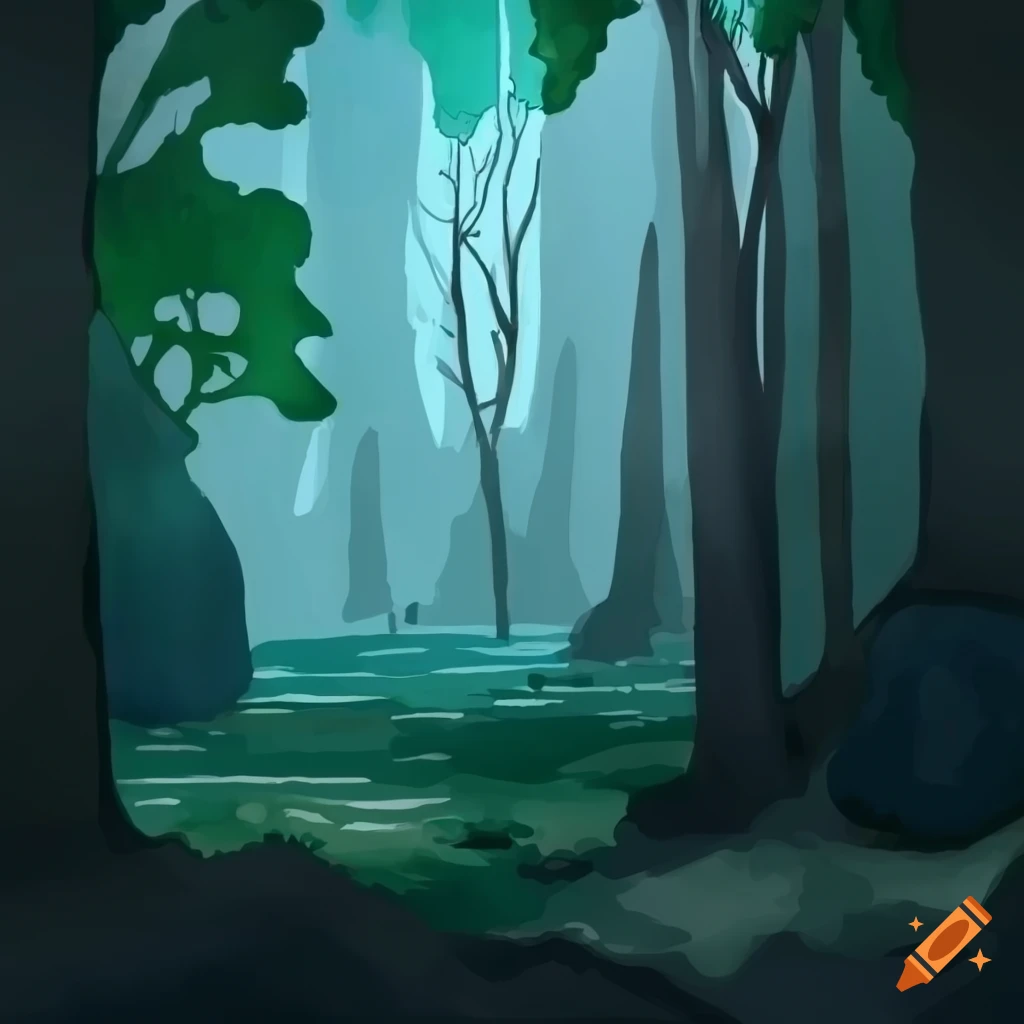 Cartoon watercolor of dark ominous forest with bushes and rugged rocks ...