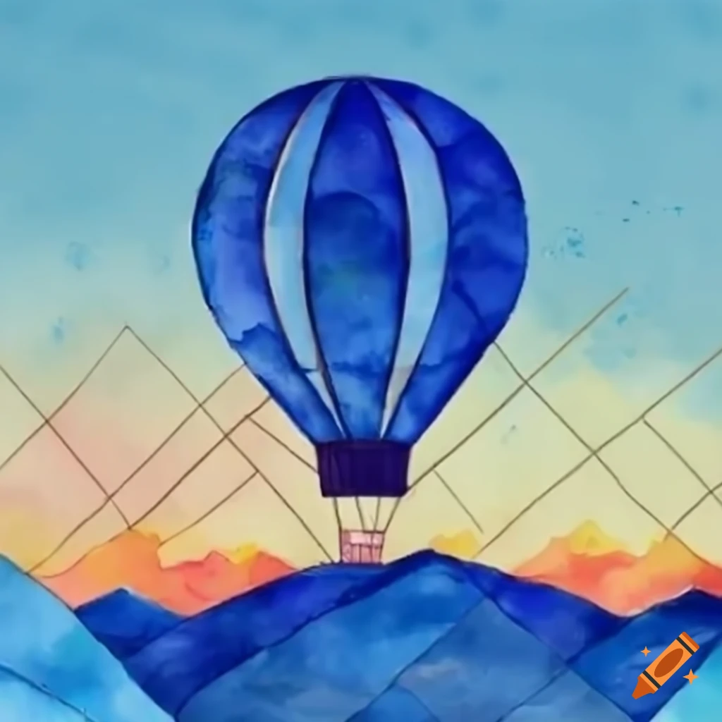 Geometric blue hot air balloon with a sunset over the mountains