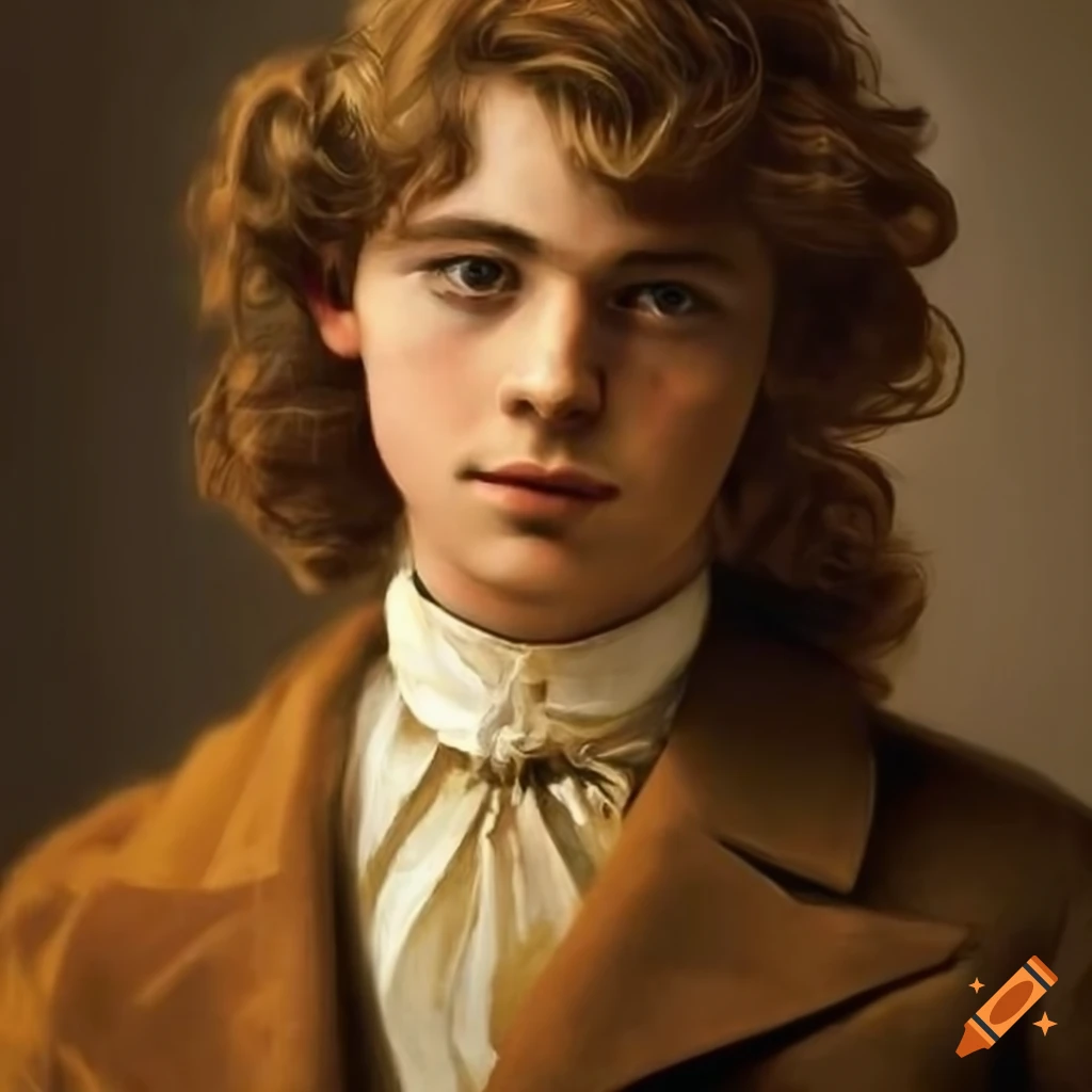 Portrait of a young man with wavy light brown hair wearing vintage 1800s coat