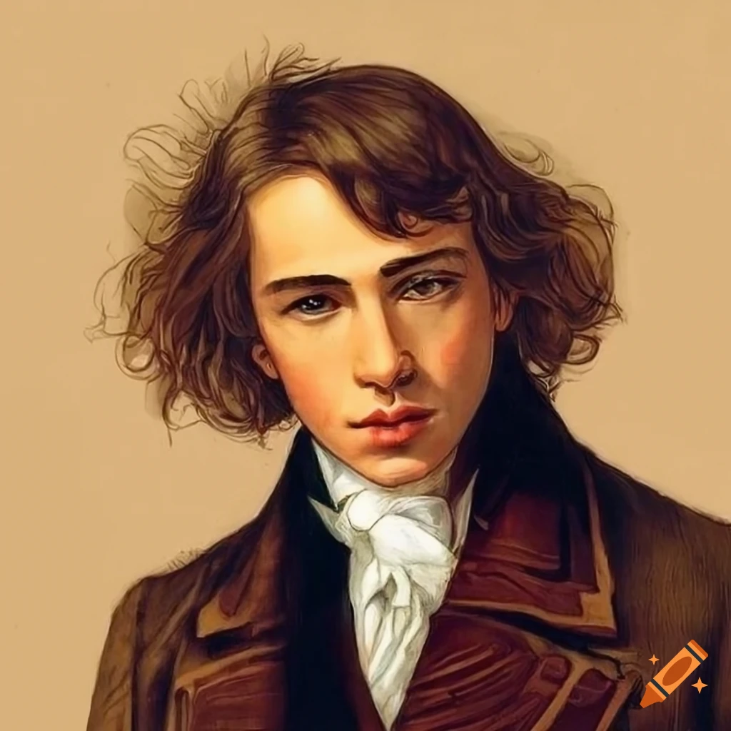 Charming young man with wavy light brown hair in vintage 1800s fashion ...