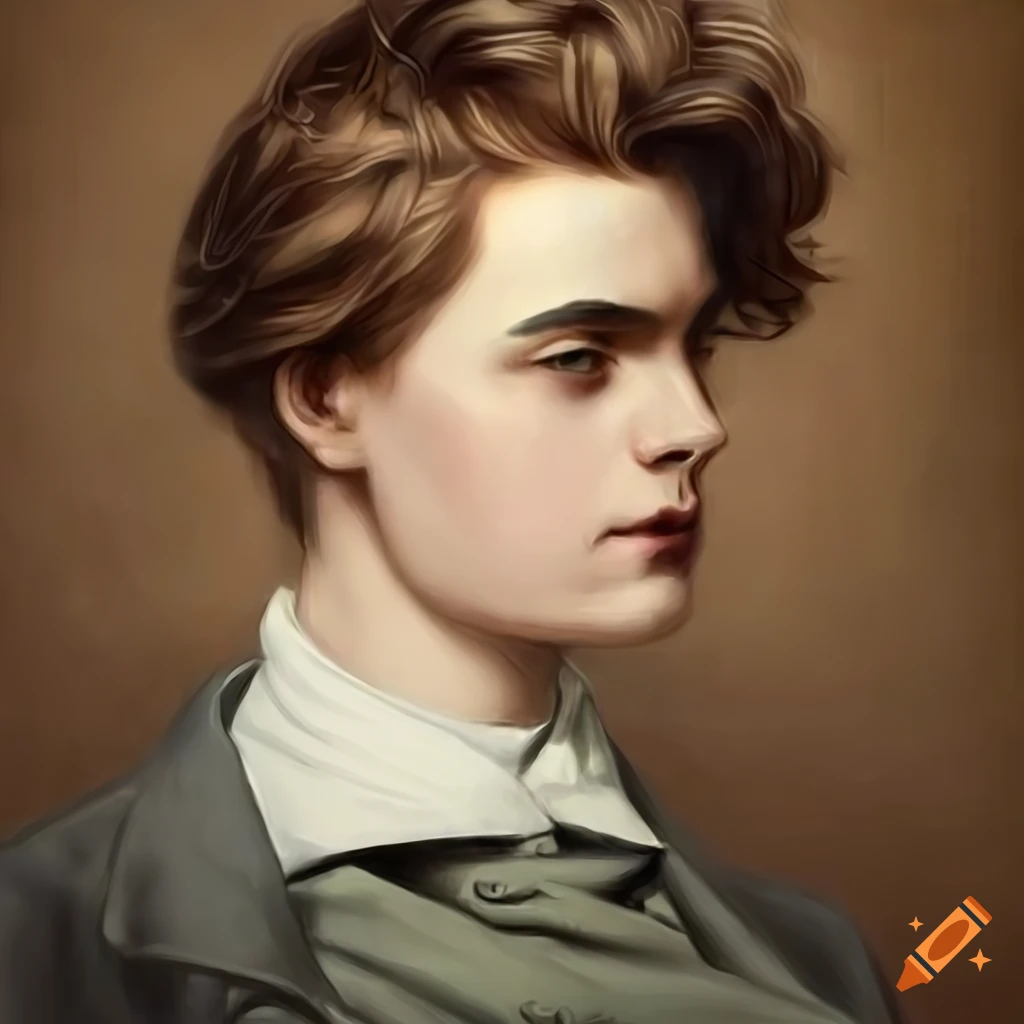 Charming young man in vintage 1800s coat in pencil art portrait