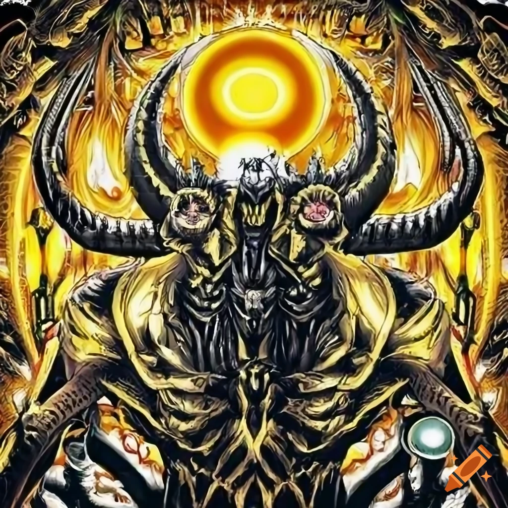 Neon orange and yellow demonic baphomet with wings and a beautiful male face in a fantasy setting