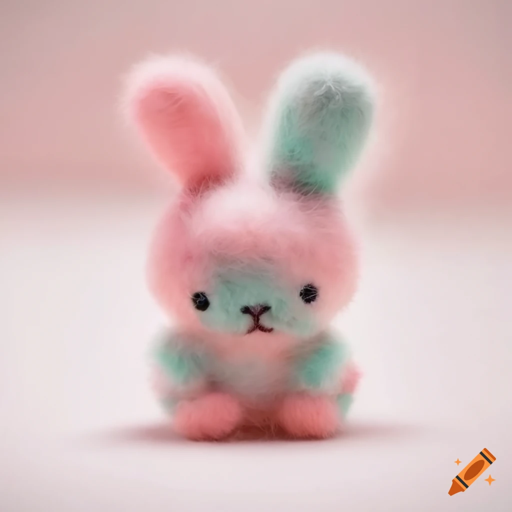 Felted wool creature pastel miffy style kitten on white background