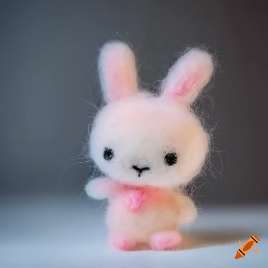 Felted wool creature pastel miffy style kitten on white background
