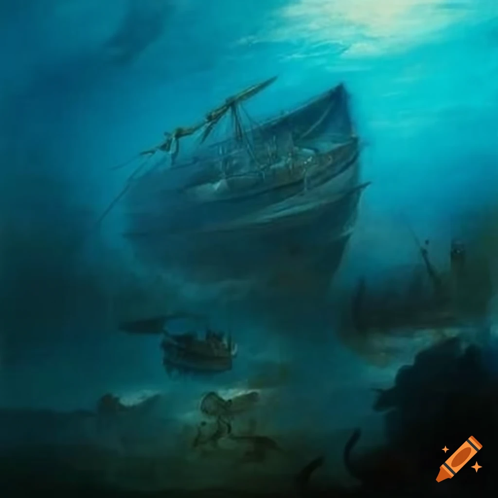 Undersea painting of the shipwrecked Warship Gribshunden in the style of William Turner