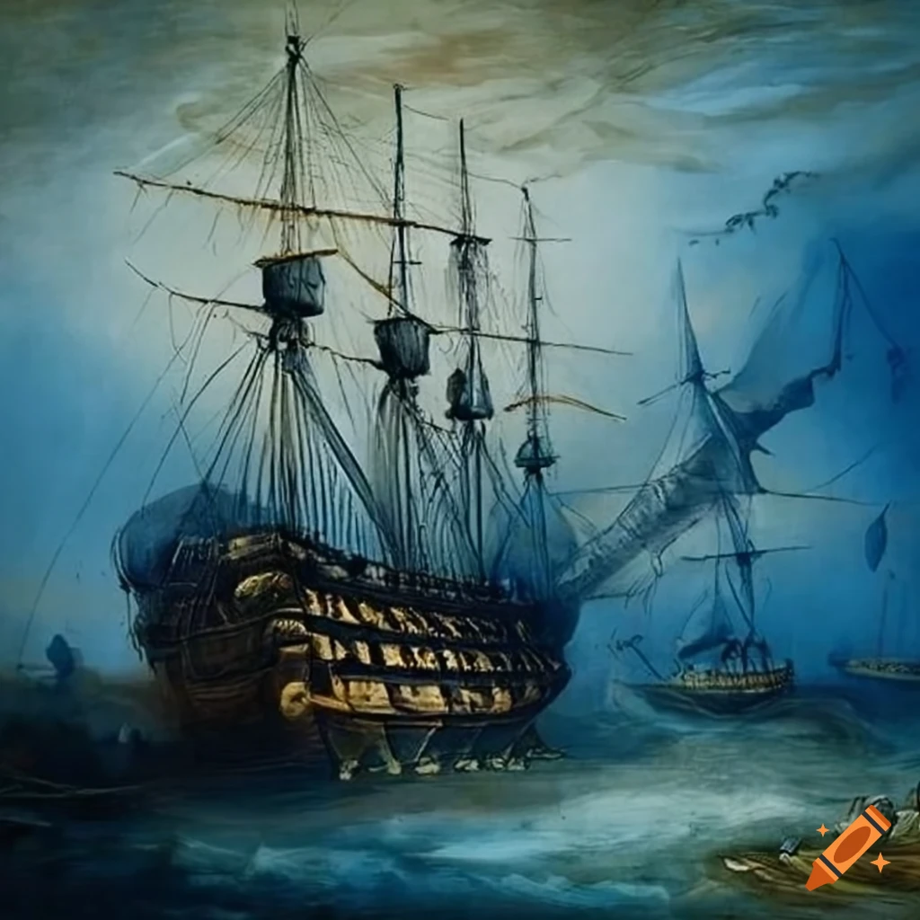 Undersea painting of the shipwrecked Warship Gribshunden in the style of William Turner