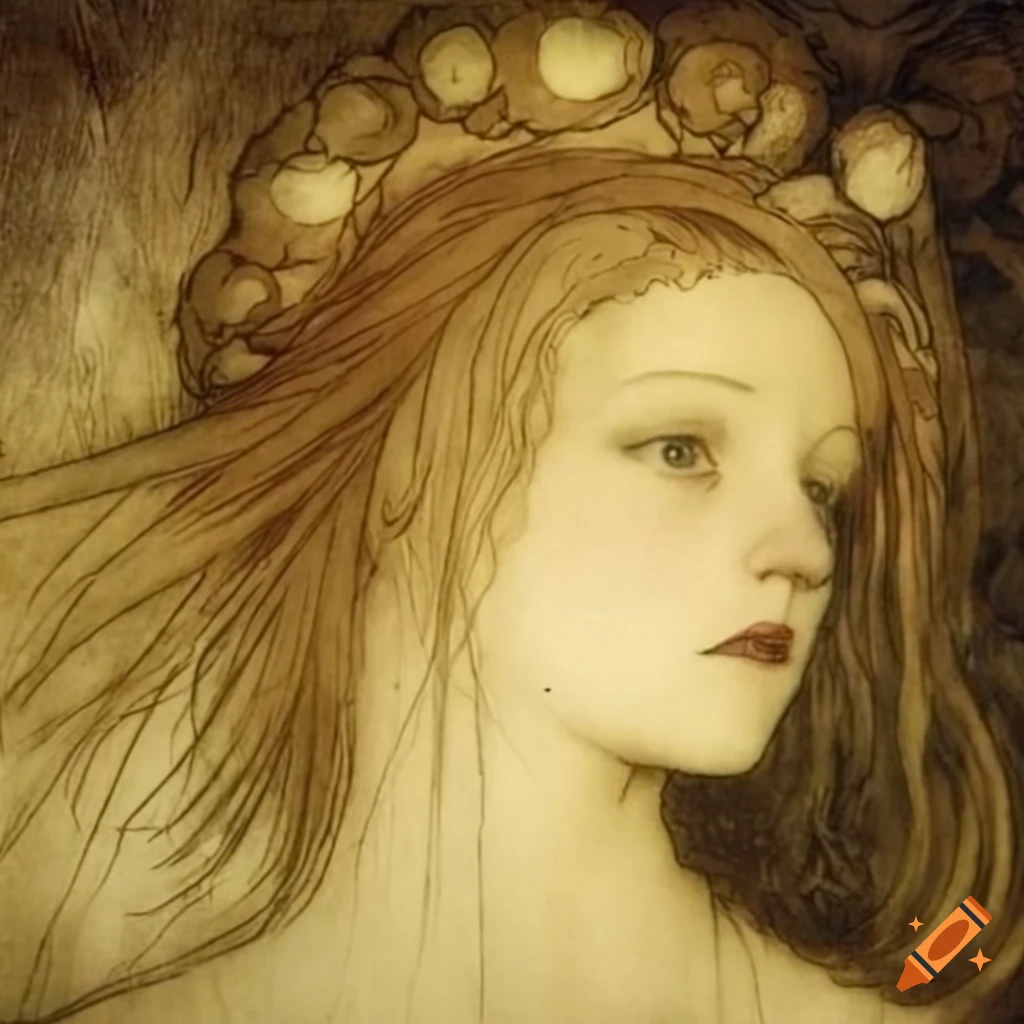 Artwork inspired by Arthur Rackham, Robert Demachy, and Mucha, featuring Terra Branford in a 1920s film setting