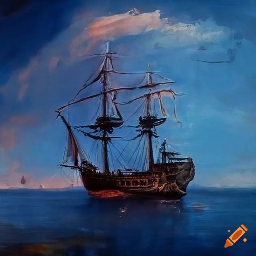 The black pearl pirate ship under red skies on a blue sea, inspired by