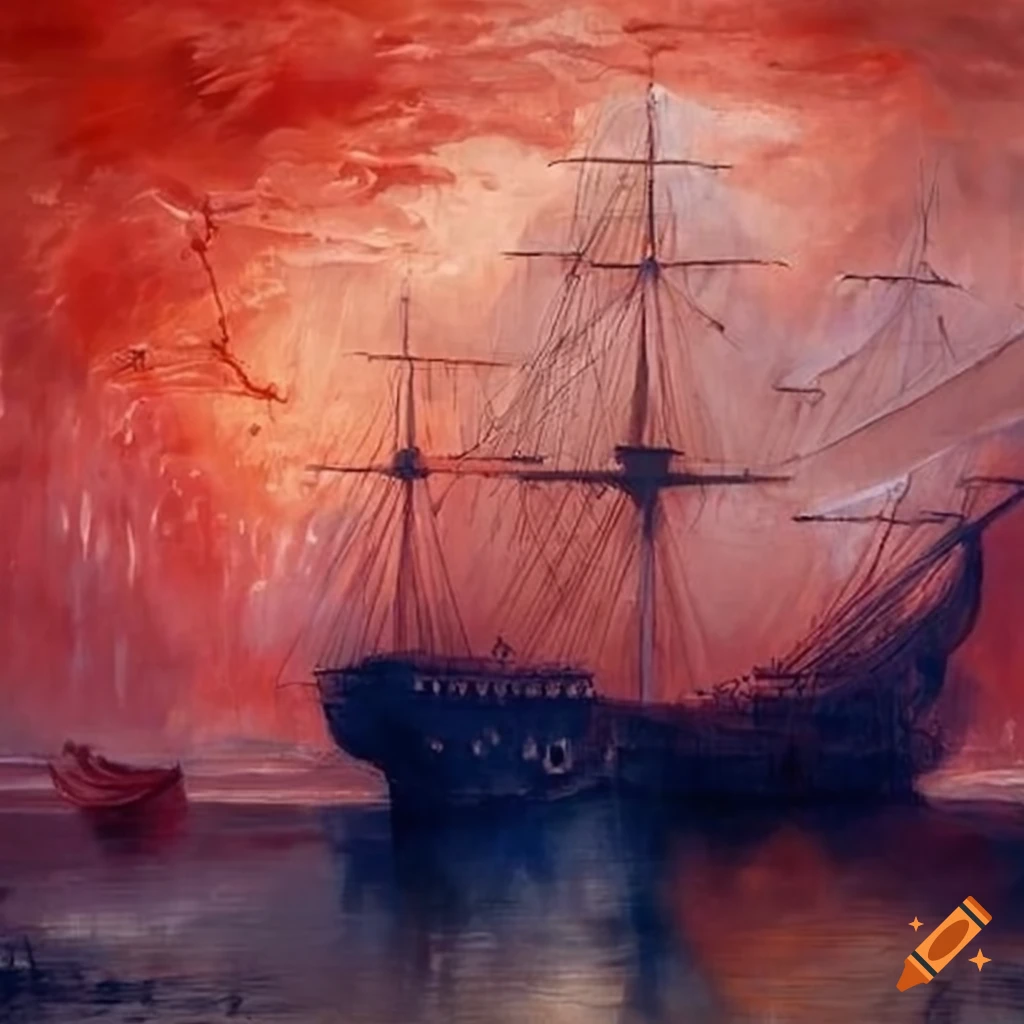 The black pearl pirate ship under blood red skies and deep blue seas in
