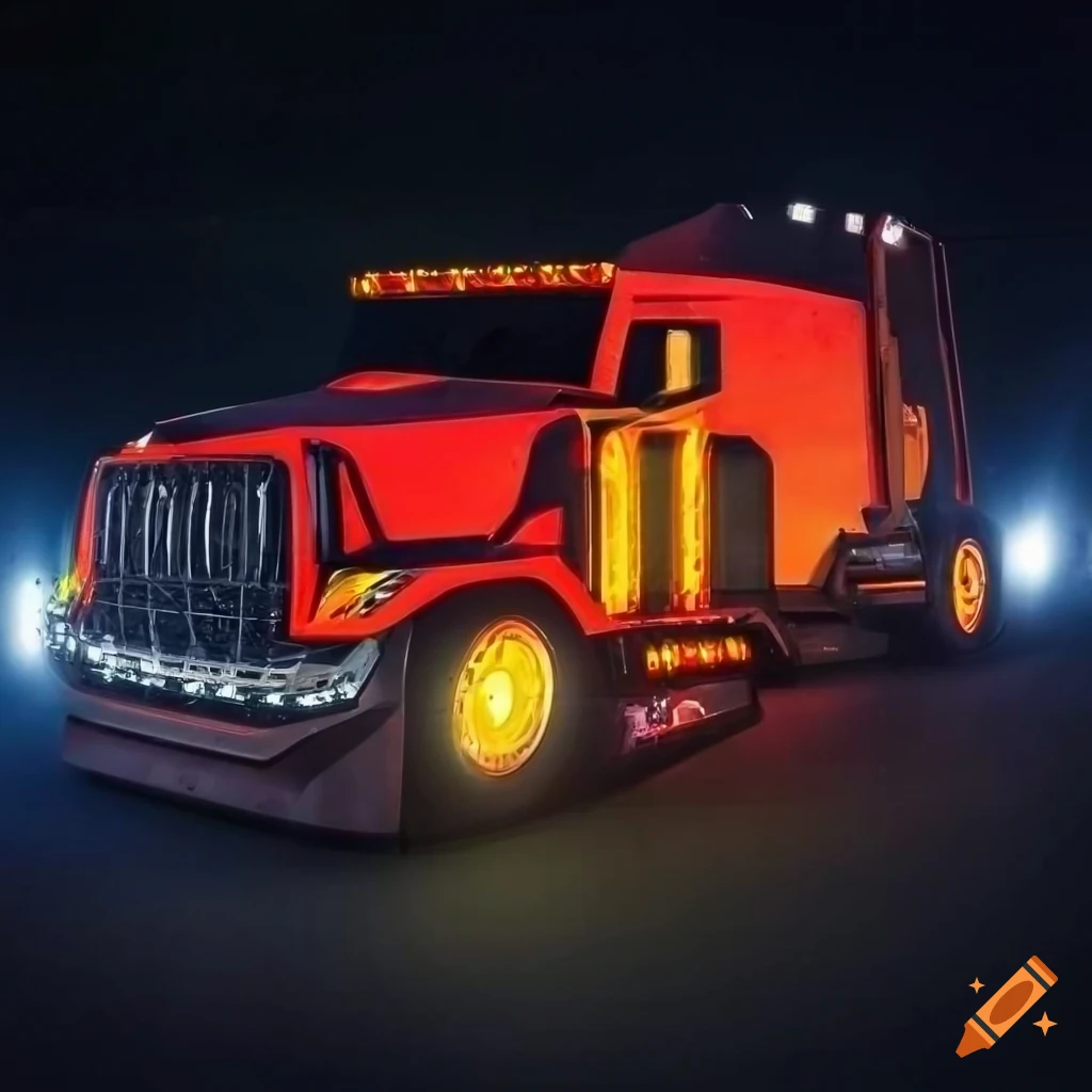 Futuristic offroad semitruck with matrix led headlights in an open