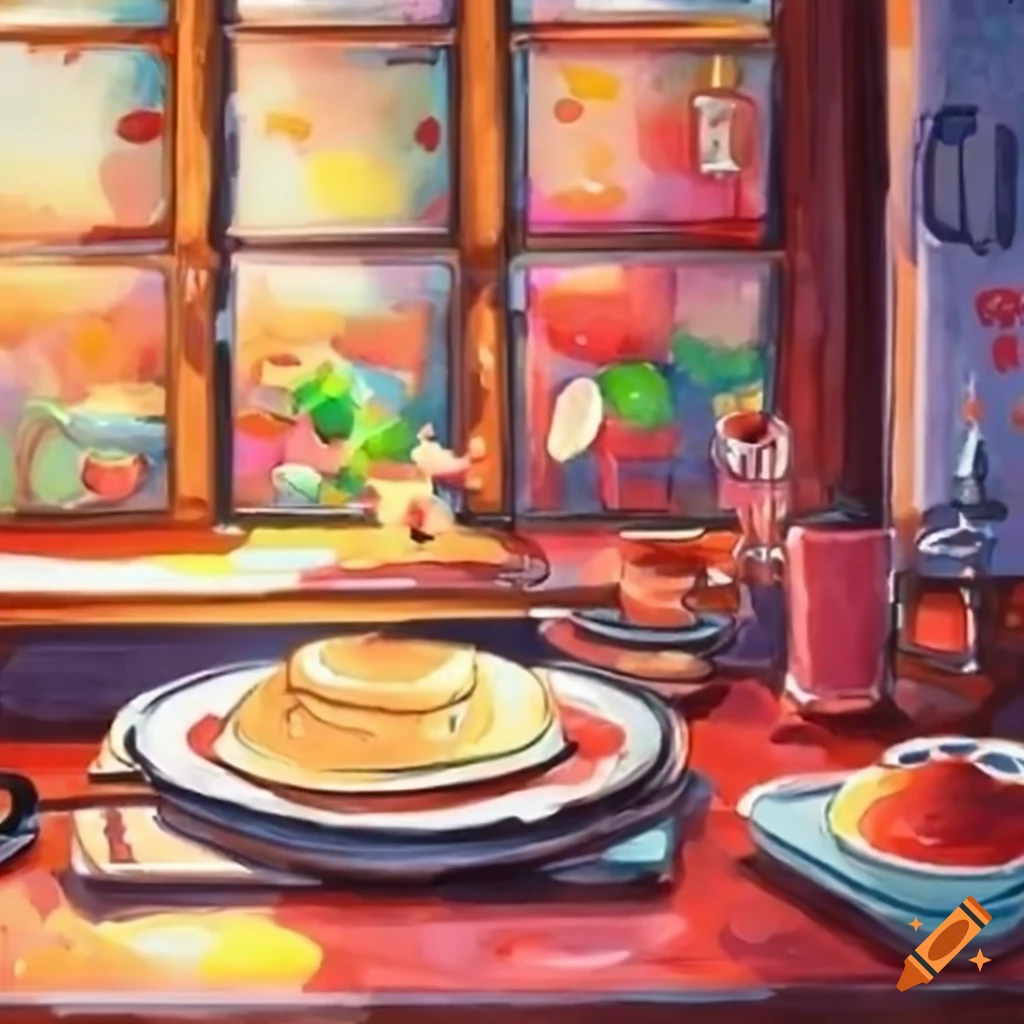 View from 1950s diner window on a rainy day with pancakes on the table