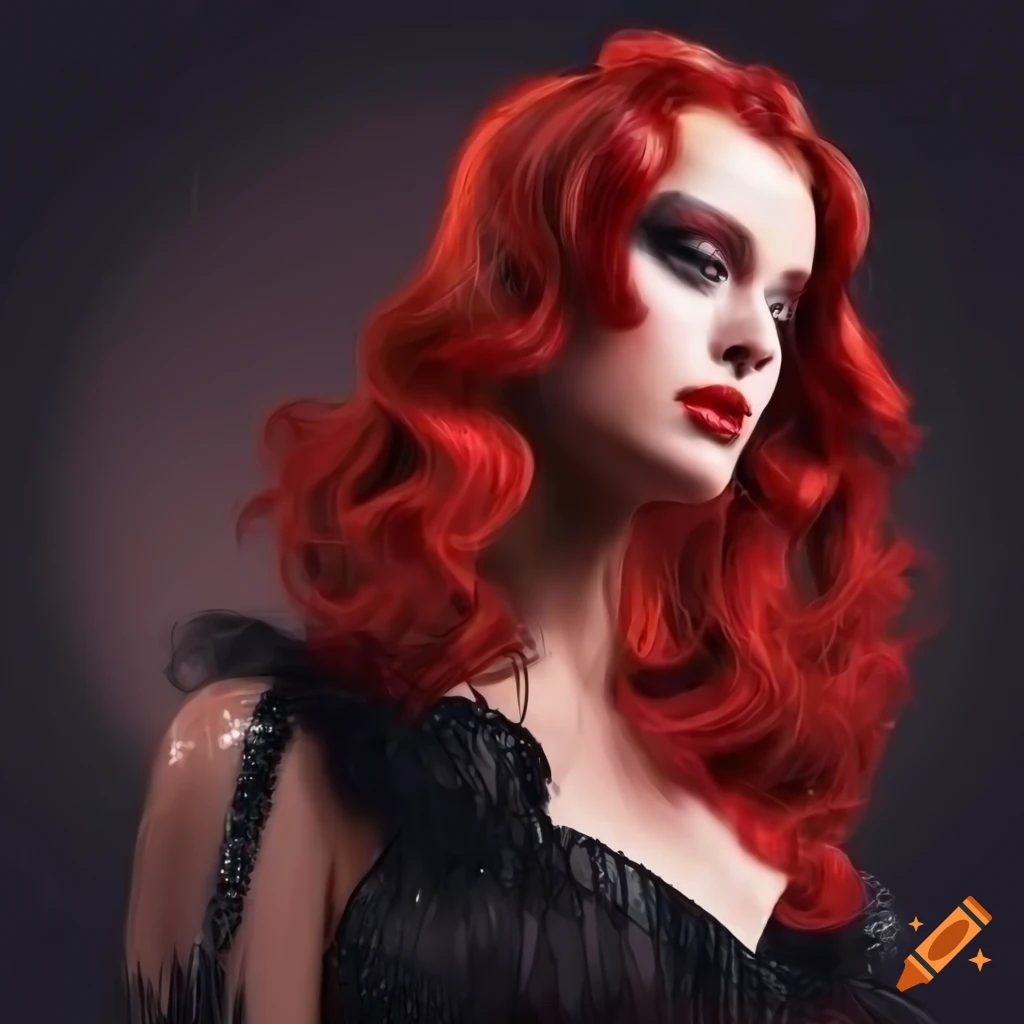 Elegant lady in flapper dress with red wavy hair in a night time setting