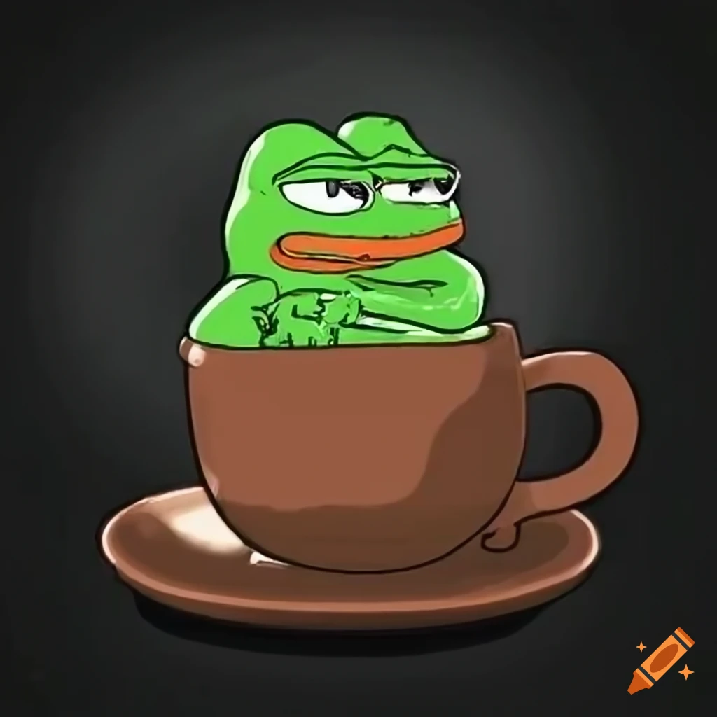 Tired cartoon pepe frog with coffee on Craiyon