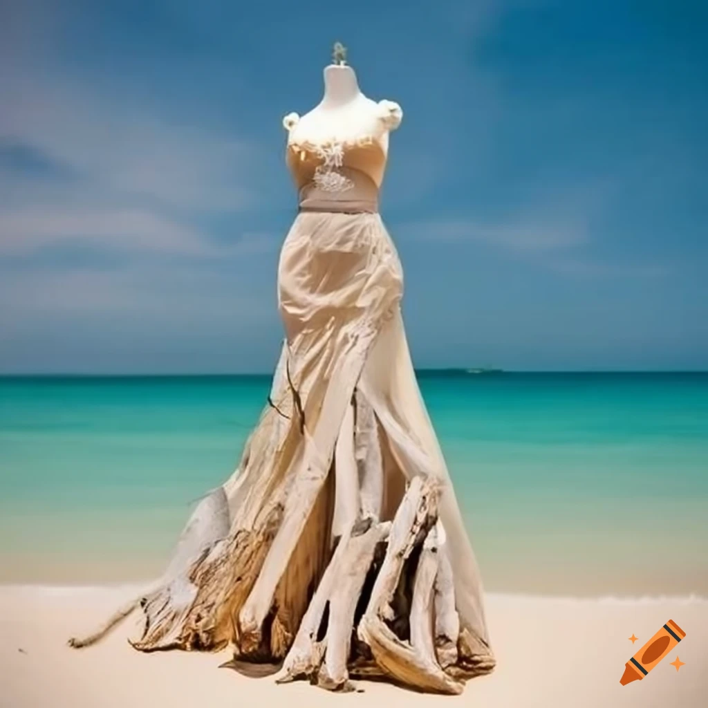 Unique wedding dress made of torn pirate ships sails on a wooden mannequin at a Caribbean beach