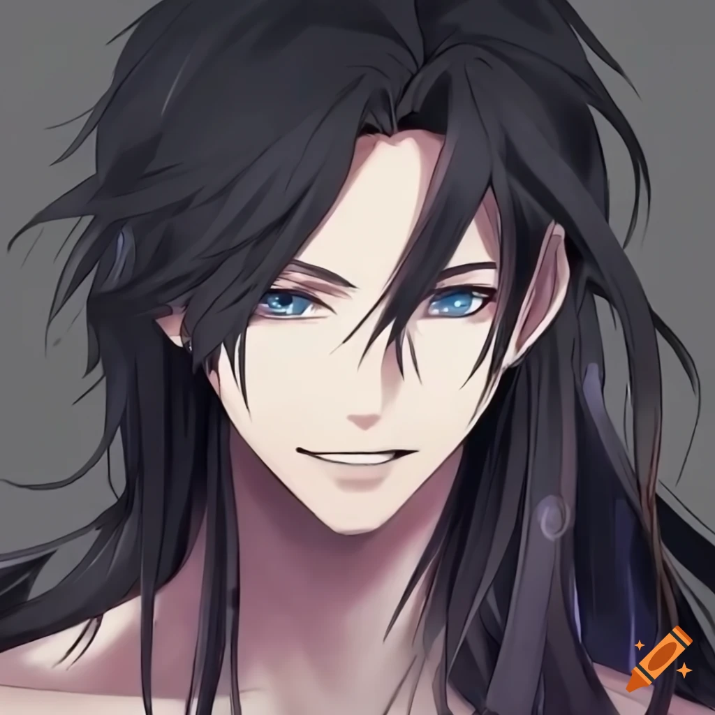 Anime character with long hair tied up and blue eyes