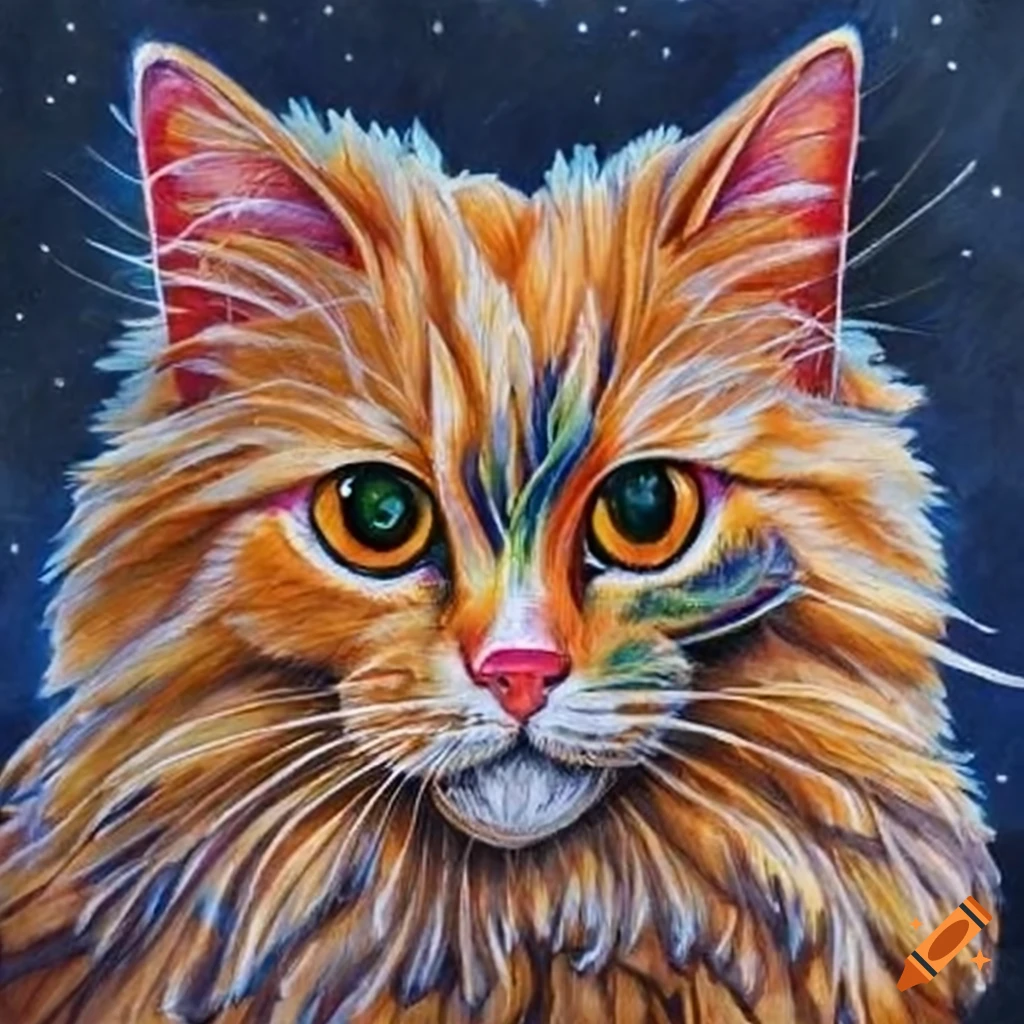Fluffy orange cat with big eyes in a cloudy night under a full moon on