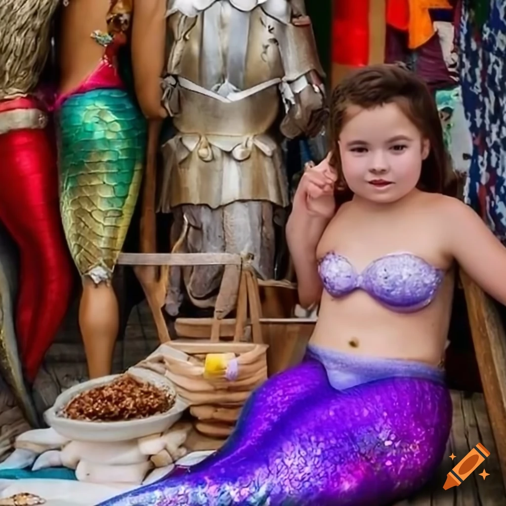 Youthful mermaid at a market stall in a Tudor seaside village