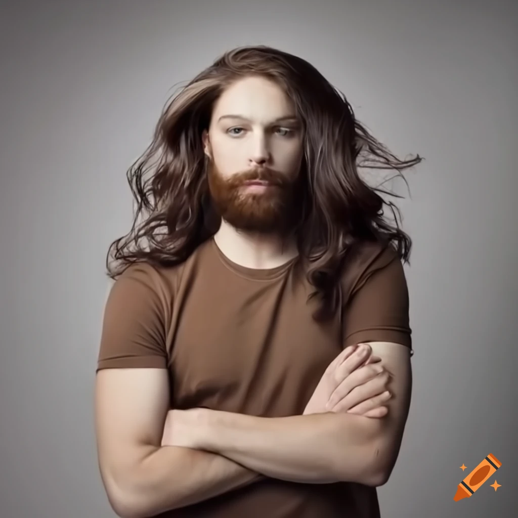 Man with long wavy hair in a brown t-shirt for hair care commercial