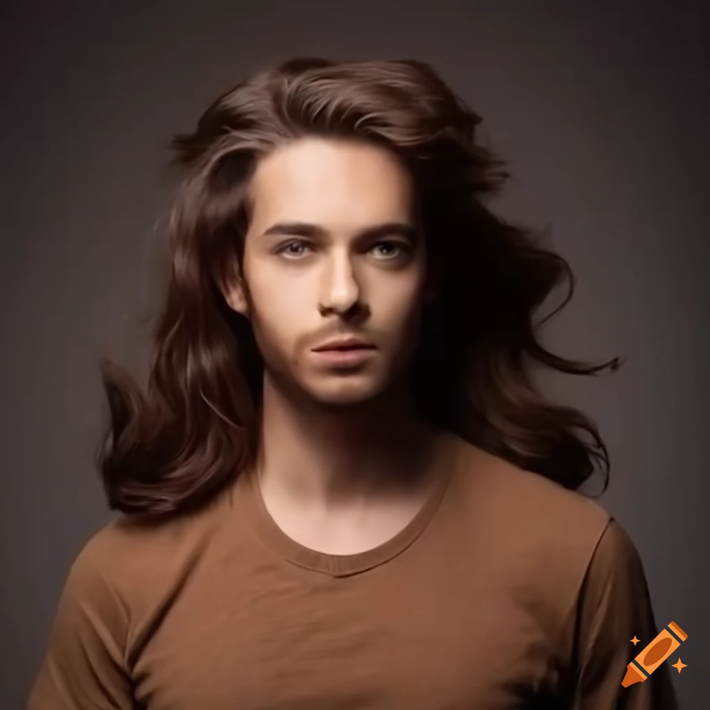 Man with long wavy hair in a brown t-shirt for hair care commercial