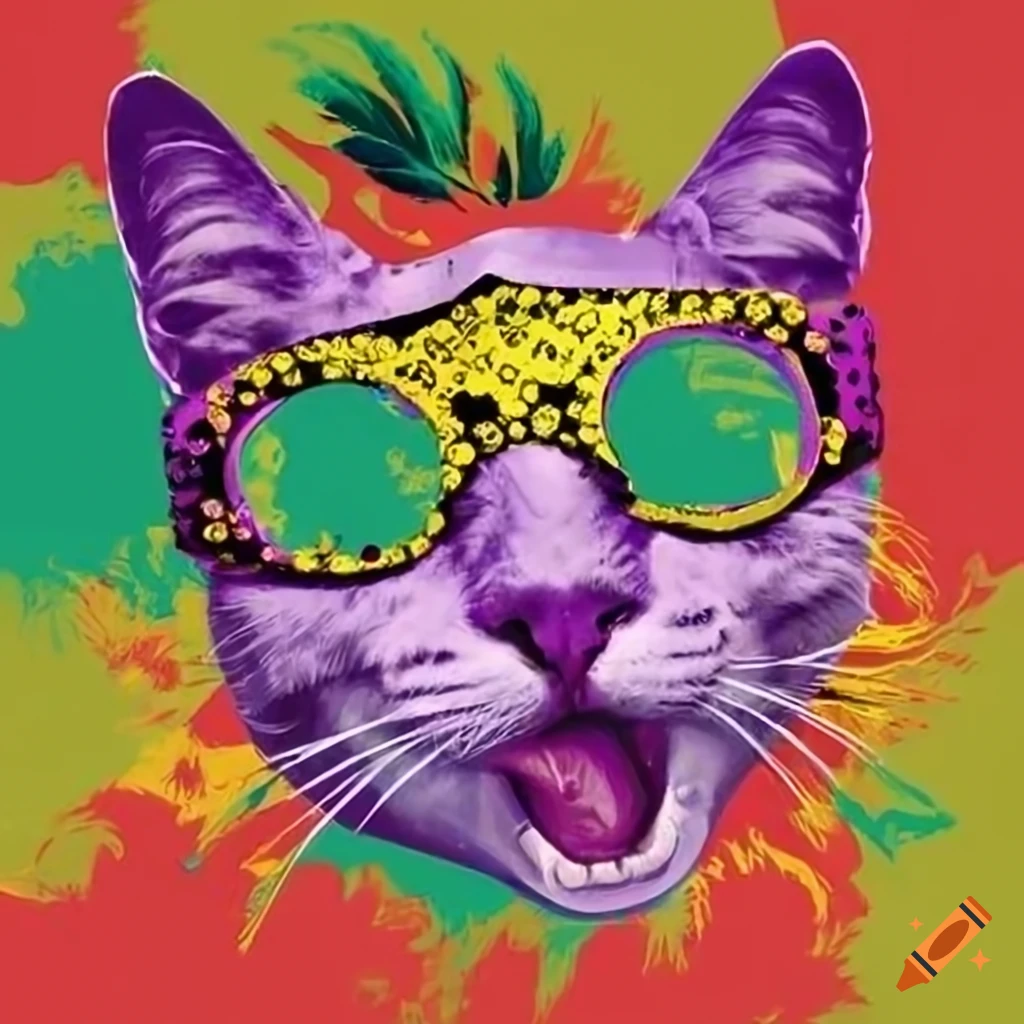 Happy smiling cat wearing a feathered mask in Andy Warhol pop art style