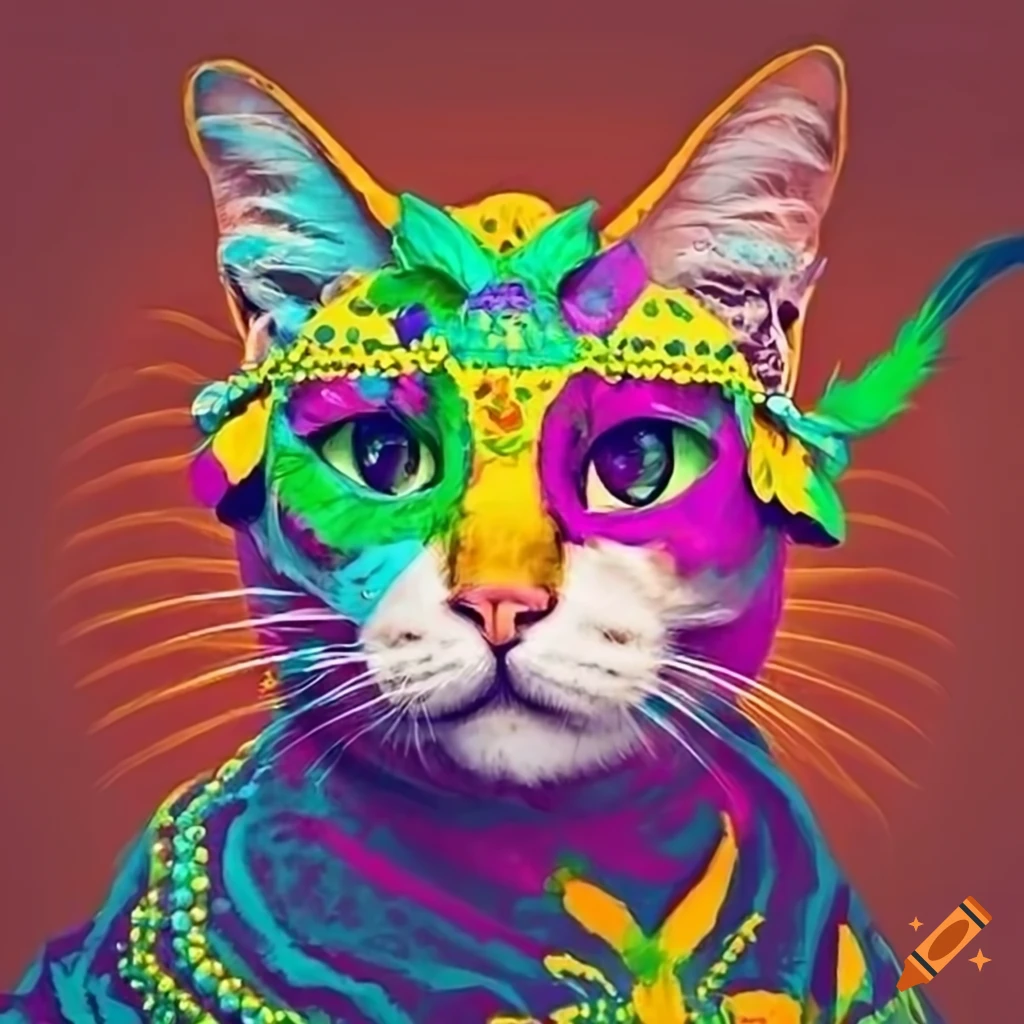 Happy cat wearing feathered mask in Andy Warhol pop art style