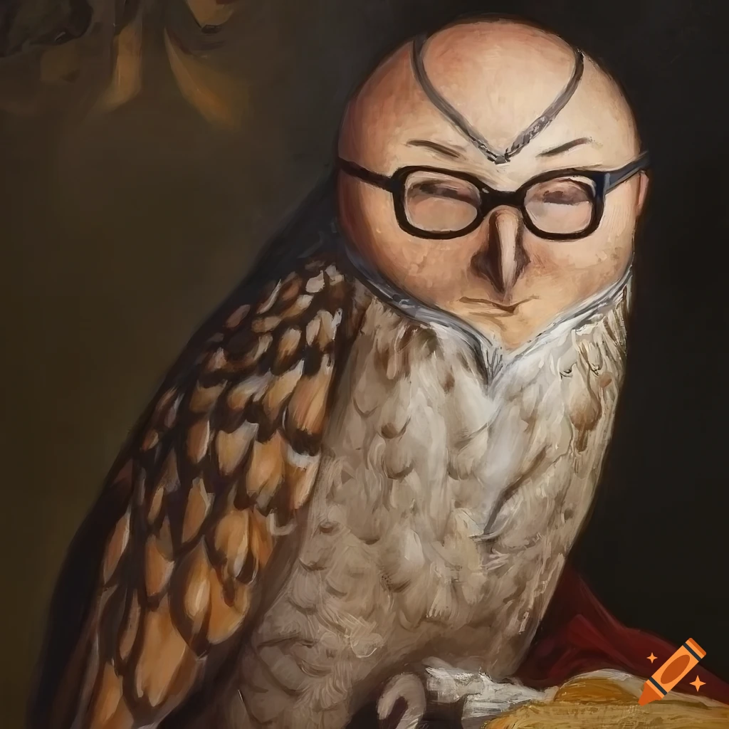 Realistic painting of a bald owlman with glasses sleeping in bed on