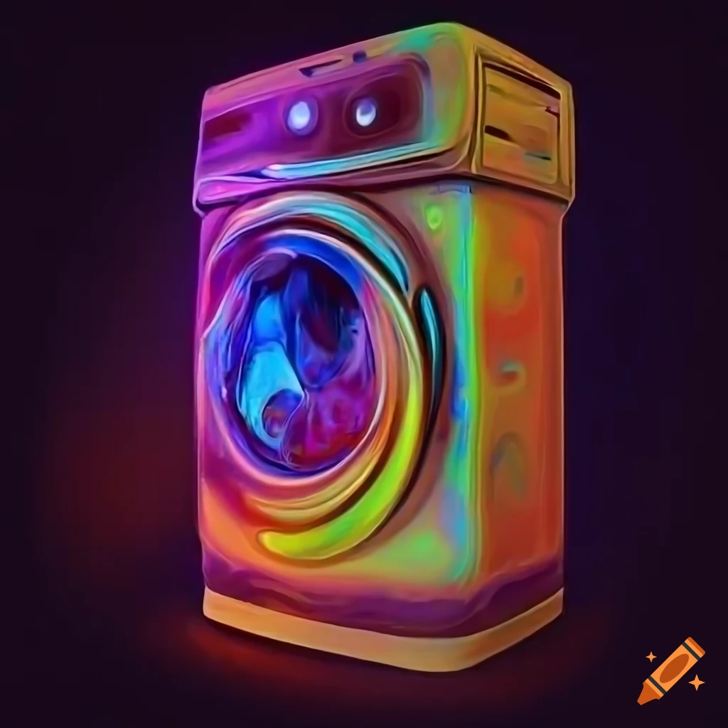 Vibrant digital art of a washing machine with colorful acrylic effects