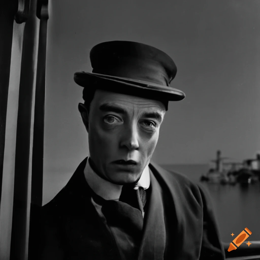 Buster keaton standing on a ship balcony on Craiyon