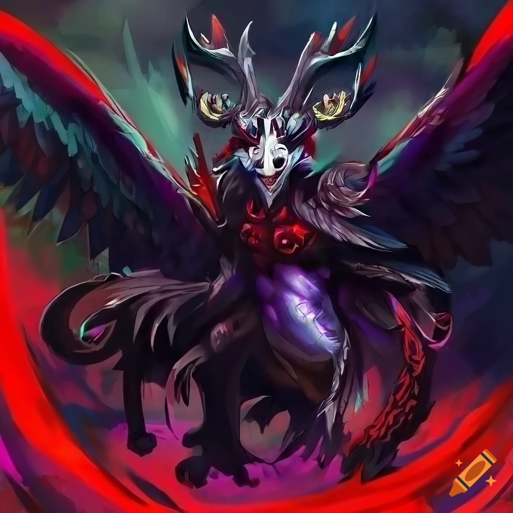 Fantastical eldritch Badger Raven Hannya Demon with raven wings and large antlers