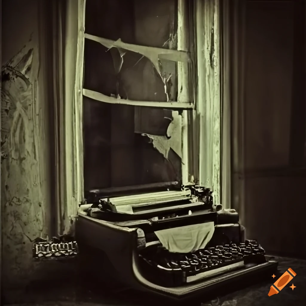 Vintage haunted save room with typewriter, 35mm portrait perspective photo looking through broken window