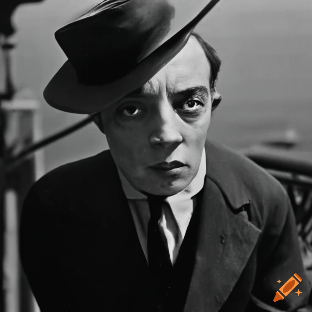 Buster keaton standing on a ship balcony on Craiyon