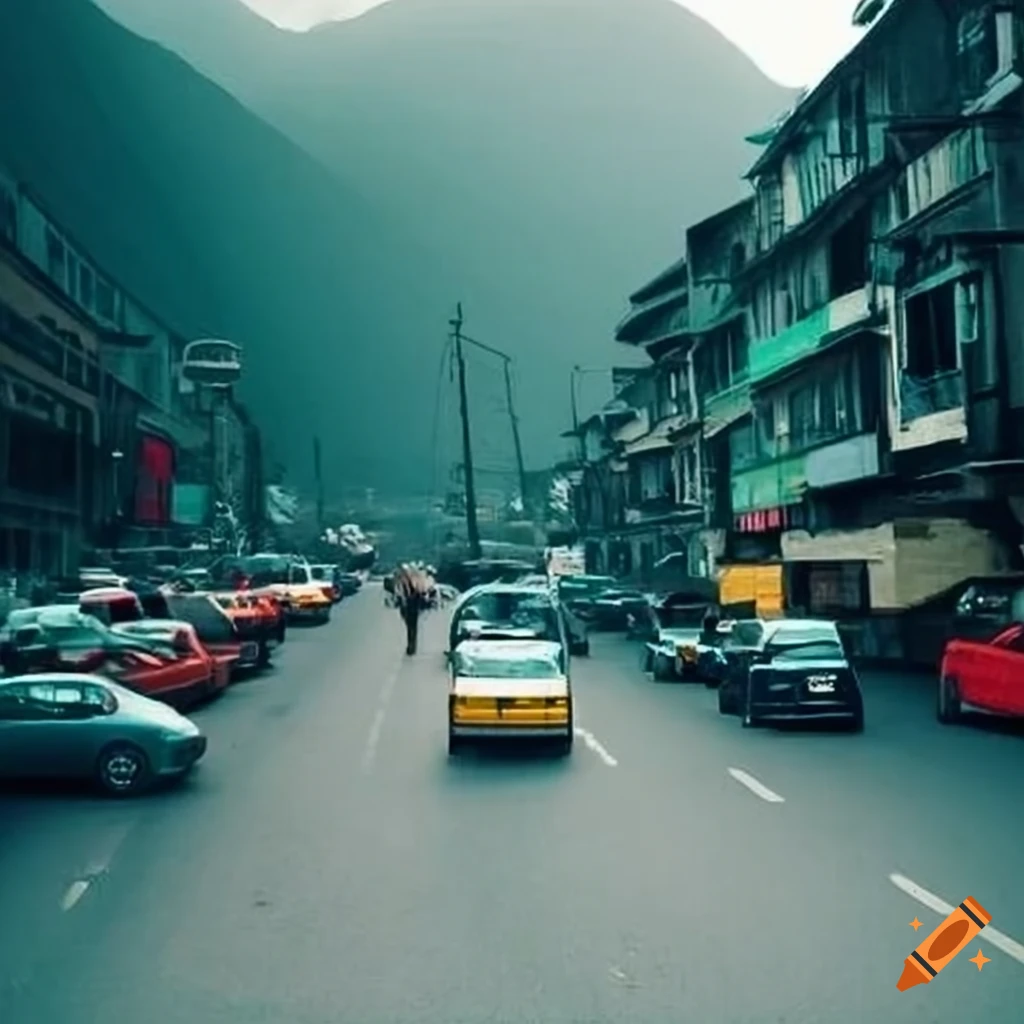 Illustration of vehicles causing traffic snarls on a narrow Aizawl road by r kikuo johnson
