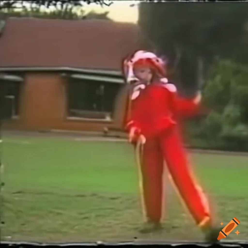 Flandre Scarlet in red and yellow tracksuit mowing the lawn in an Australian home, VHS screenshot from May 14th, 1988