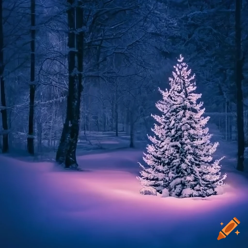 Winter landscape with snowy trees and Christmas lights on Craiyon