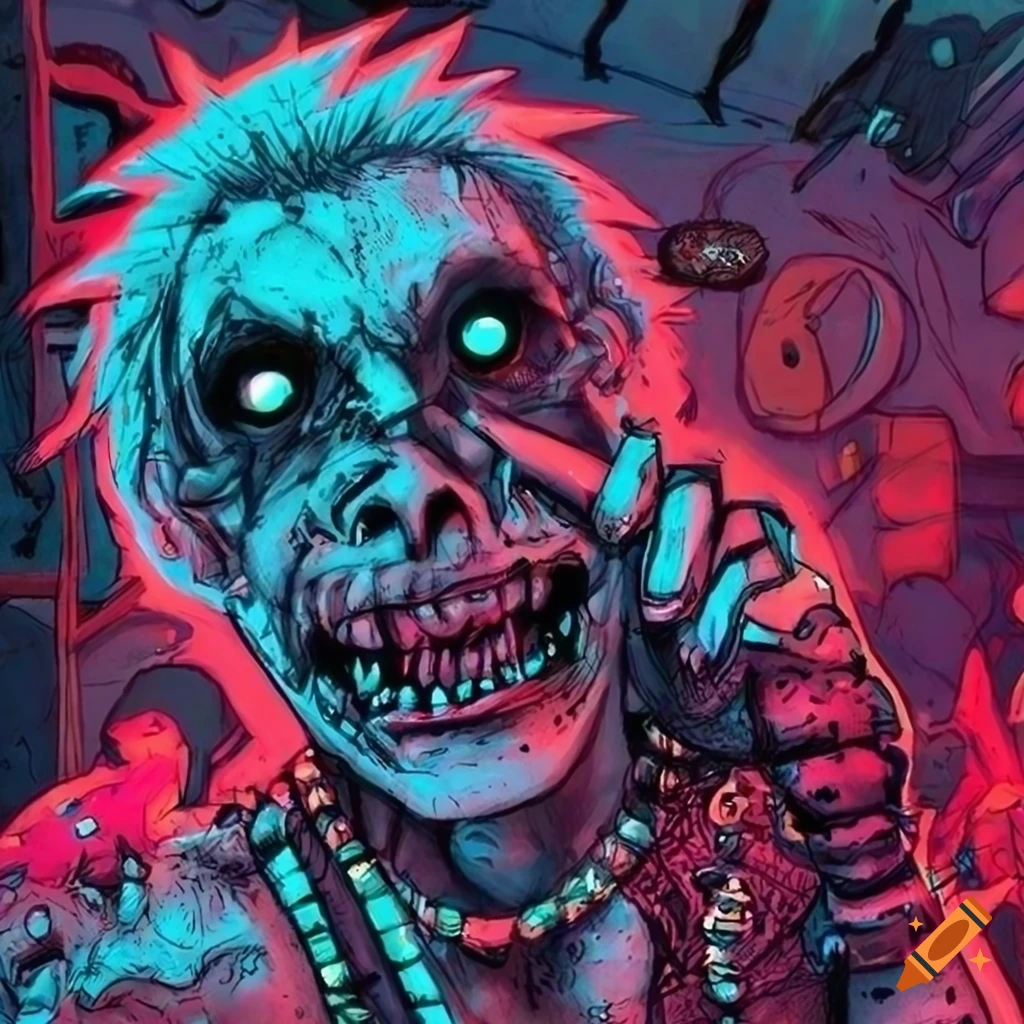 Punk rock evil human wasteland raider with detailed face in Borderlands art style