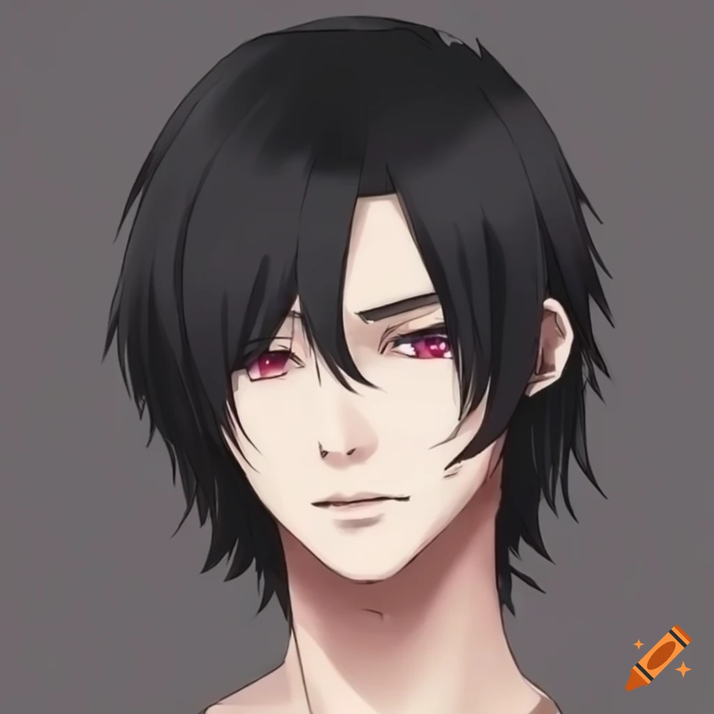 Middle part black haircut on a good-looking adult man in anime style