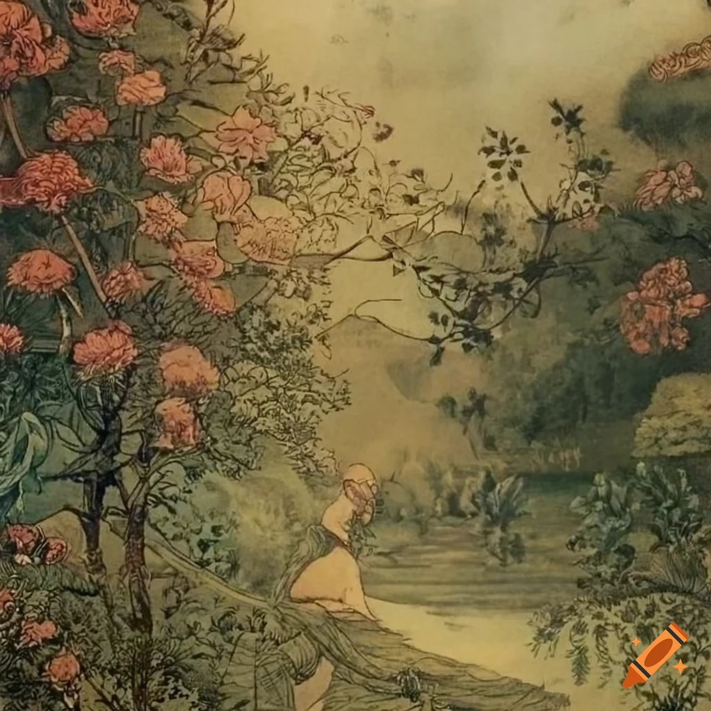 Detailed pastoral illustration framed by pink flowers