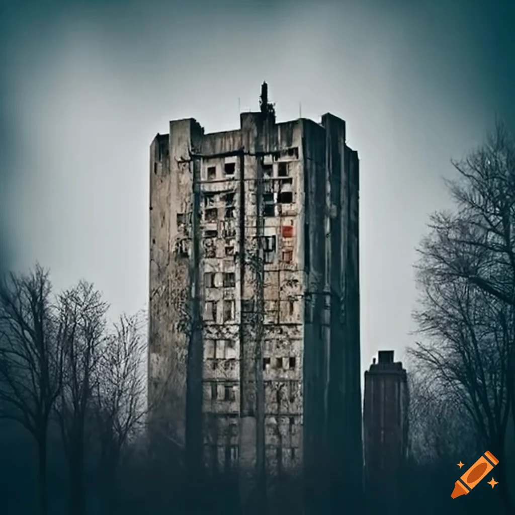 Soviet slum building being renovated among other buildings