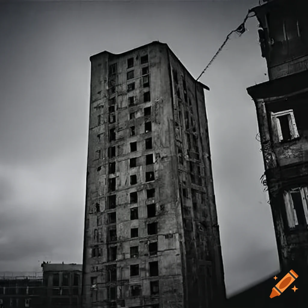 Soviet slum building being renovated among other buildings