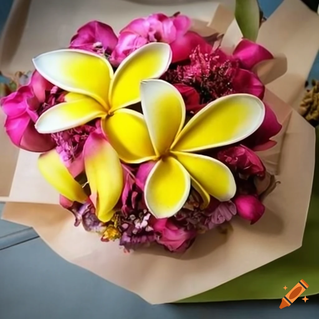 Bouquet of frangipani, ylang-ylang, orchid, and vanilla pod flowers