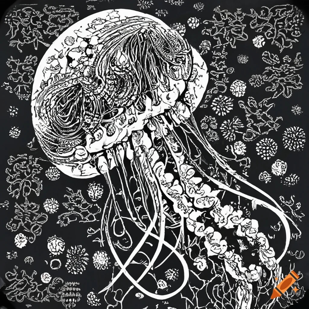 Exquisite black-and-white jellyfish with Japanese motifs