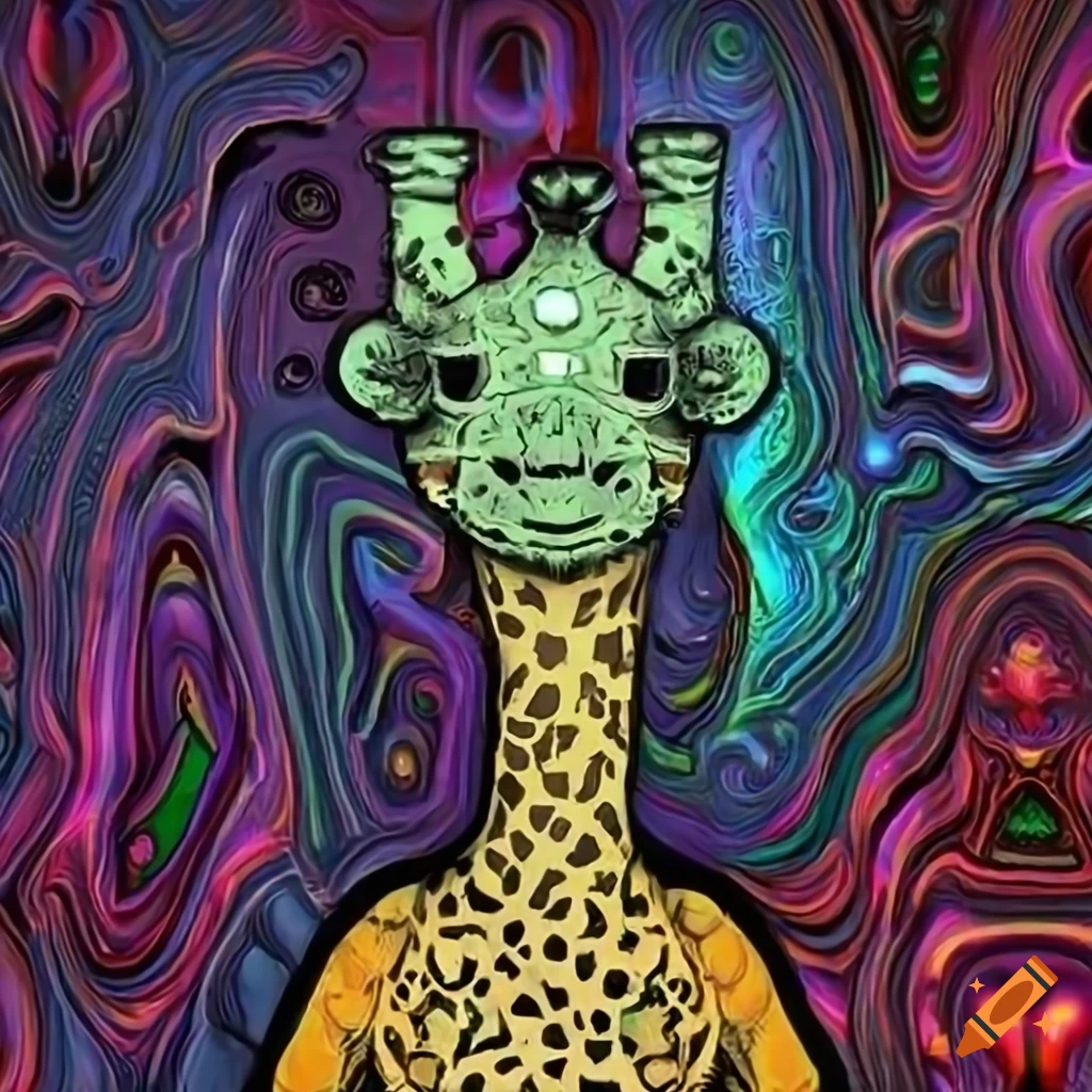 Mystical giraffe character in a Star Trek's Borg style on a trippy background