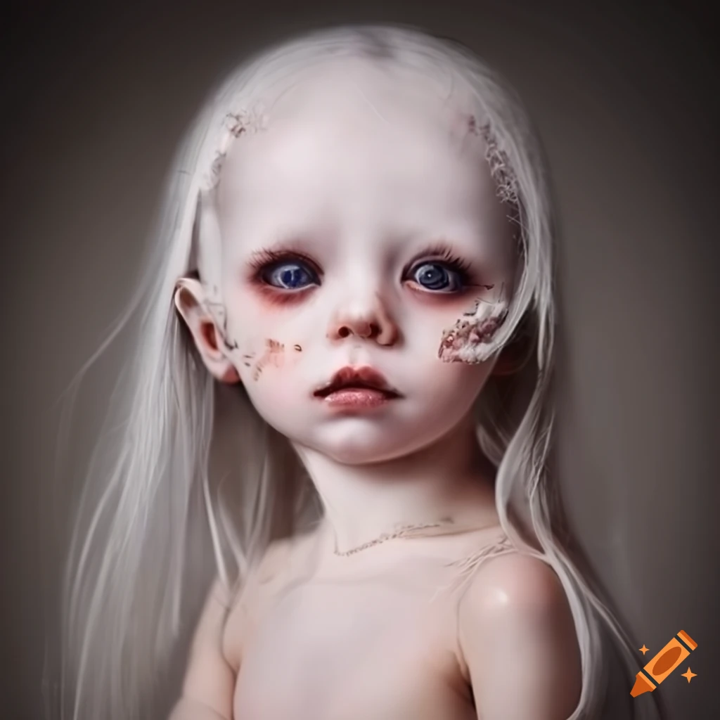 Haeckel-style cute albino girl with unique embellishments and sad dark eyes