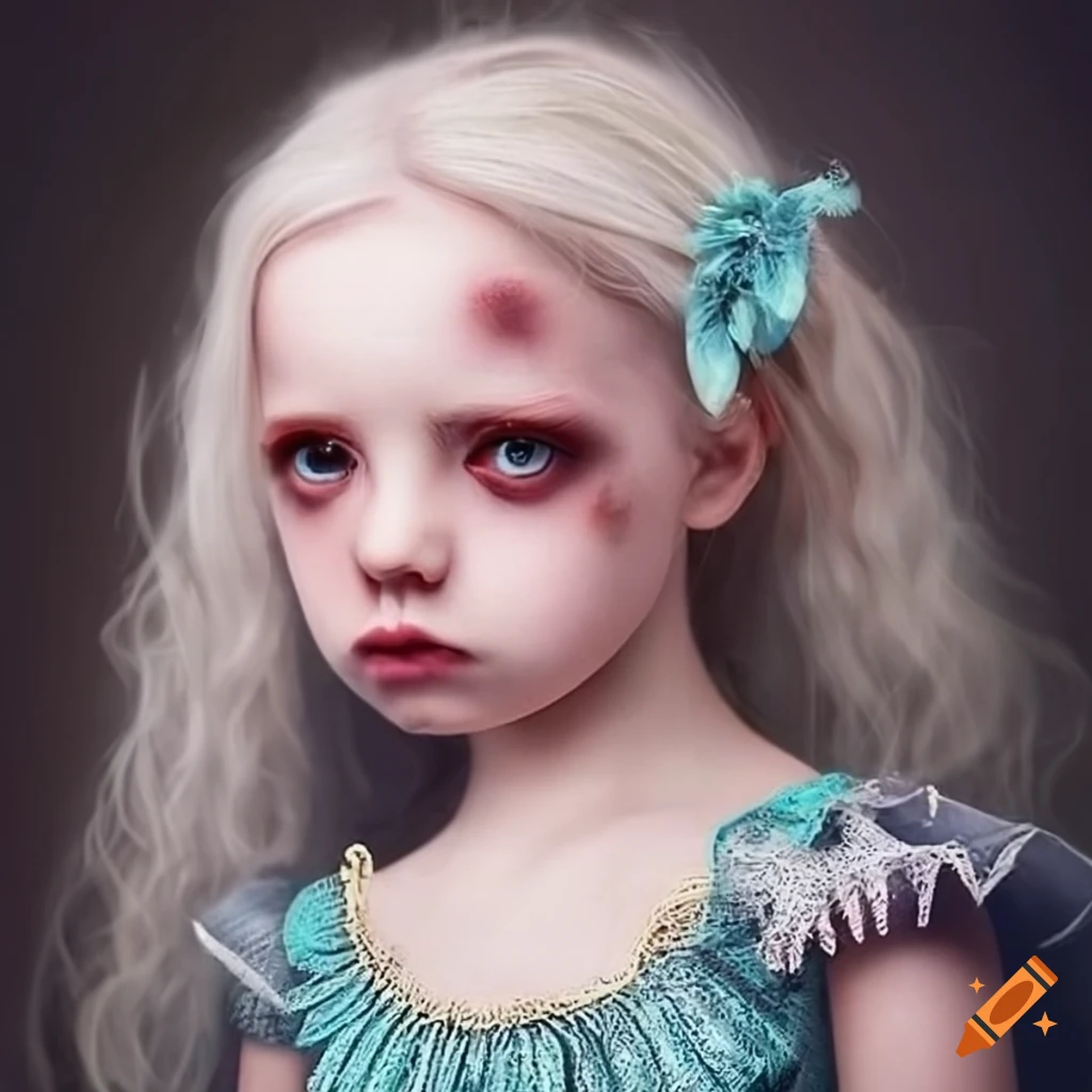 Haeckel-style cute albino girl with unique embellishments and sad dark eyes